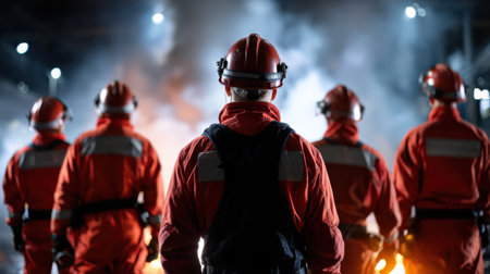 A group of firefighters in red uniforms stand in front of a fire. The scene is dark and smoky, with the firefighters wearing helmets and vestsの素材