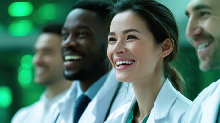 A group of people are smiling and wearing white lab coats. The woman in the center is the only one with a green shirtの素材