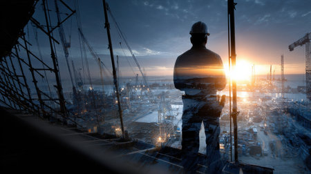 A man in a hard hat stands on a building overlooking a city. The sky is dark and cloudy, and the sun is setting in the distance. The man is looking out over the city, taking in the viewの素材