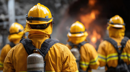 A group of firefighters are standing in front of a fire. Scene is serious and intense, as the firefighters are focused on their task of putting out the fireの素材