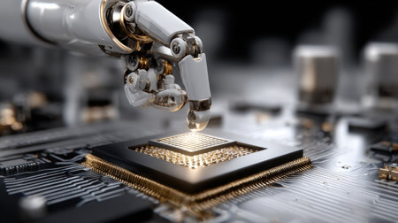 A robot is reaching out to touch a computer chip. The robot is white and has a metallic appearance. The computer chip is black and has a shiny surface. Concept of technology and innovationの素材