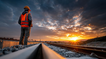 A man in a safety vest stands on a railroad track looking out at the sunset. Concept of solitude and contemplation, as the man is alone on the tracks and the sun is setting in the distanceの素材