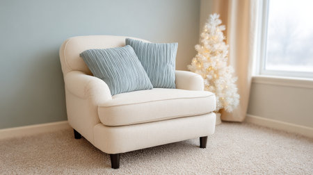 A white chair with blue pillows sits in front of a Christmas tree. The chair is empty and the tree is lit up. The scene is cozy and festive, with the white chairの素材