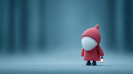 A small red stuffed animal is standing in the snow with a lantern in its hand. The image has a calm and peaceful mood, as the small creature seems to be enjoying the winter sceneryの素材