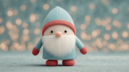 A blue and red stuffed animal with a hat and a beard. It is a gnome. The gnome is standing on a carpetの素材