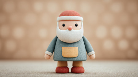 A small, fuzzy, red and blue stuffed animal with a red hat and a white beard. It is standing on a carpeted floorの素材