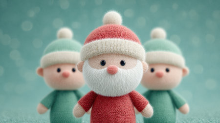 Three stuffed animals, two of which are green and one is red, are standing in front of each otherの素材