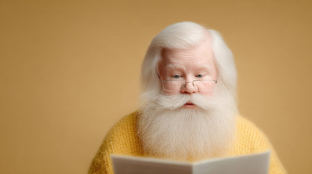 A man with a beard and glasses is reading a book. The book is open to a page with a picture of a man with a beard and glasses. The man in the picture is looking at the book with a serious expressionの素材
