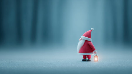 A small red santa standing in the snow holding a lantern. The scene is set in a forest, with the snow-covered ground and the lantern casting a warm glow. Concept of peace and tranquilityの素材