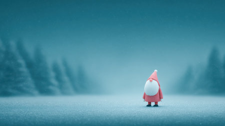 A small red santa standing in the snow. The snow is white and the sky is blueの素材