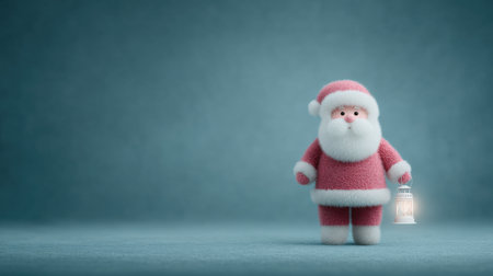 A small, fuzzy, red santa standing in front of a blue background. He is holding a lanternの素材