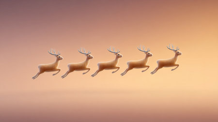 A group of deer are flying through the air. The image has a festive and joyful mood, as the deer are depicted as being in the midst of a holiday celebrationの素材