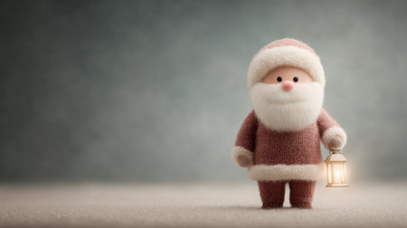 A small, fuzzy, red santa standing on a carpet holding a lantern. The image has a cozy, warm feeling to it, evoking the spirit of Christmasの素材