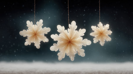 Three snowflakes hanging from a string, one of which is slightly larger than the other twoの素材