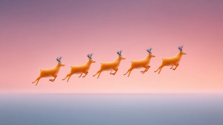 A group of five deer are flying through the air. The image has a festive and joyful mood, as the deer are depicted as Santa Claus' reindeerの素材