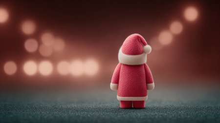 A small red santa standing on a grey surface. The santa is wearing a red hat and a red coatの素材