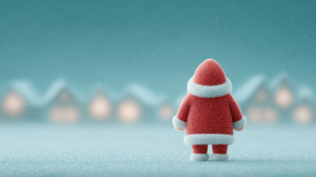 A small, red santa standing in the snow with a blue background. The scene is peaceful and serene, with the snow-covered ground and the blue sky in the backgroundの素材