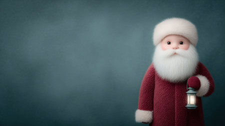 A cartoonish image of Santa Claus holding a lantern. The image is set against a blue background, giving it a festive and cheerful moodの素材