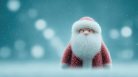 A cartoonish santa standing in the snow. The snow is falling and the sky is blueの素材