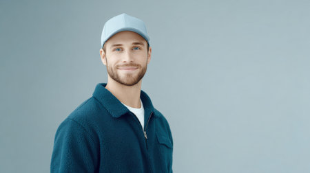 A man with a blue hat and a blue jacket is smiling. He has a beard and a mustacheの素材