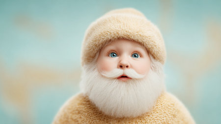 A baby wearing a Santa hat and beard. The baby has blue eyes and is looking at the cameraの素材