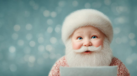 A baby santa with a white hat and beard is holding a piece of paper. The baby has a big smile on his face, and the paper appears to be a Christmas card. Concept of joy and warmthの素材