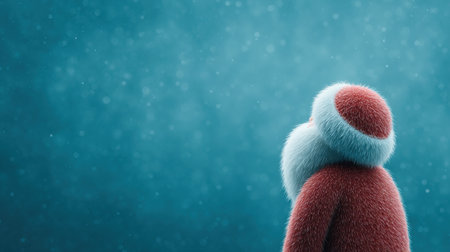 A red Santa Claus hat with a white heart on it stands in the snow. The snow is falling and the sky is blueの素材