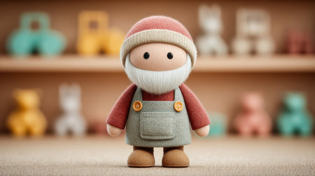 A small, fuzzy, red Santa Claus doll stands in front of a shelf full of toys. The scene is warm and inviting, with the doll looking down at the viewer as if to say helloの素材