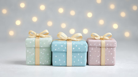 Three small boxes with ribbons on them, one blue, one pink, and one white. The boxes are arranged in a row, with the blue box in the middle and the pink and white boxes on either sideの素材