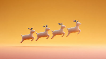 Four reindeer are flying in the air, with their antlers pointing towards the ground. The scene is set against a bright orange background, creating a warm and festive atmosphereの素材