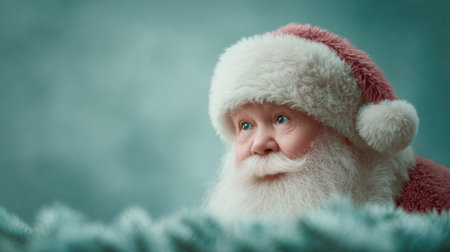 A cartoonish image of Santa Claus looking out over a snowy landscape. Scene is cheerful and festive, as it is a representation of the holiday seasonの素材
