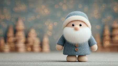 A small blue and white stuffed animal wearing a blue coat and a blue hat. It is standing on a carpetの素材