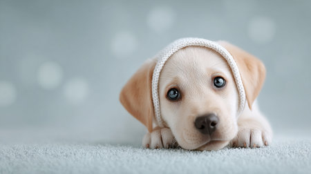 A small dog is wearing a white hat and looking at the camera. The dog appears to be relaxed and comfortable in its hatの素材