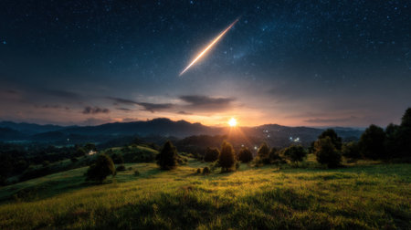 A beautiful night sky with a shooting star and a bright sun. The sky is filled with stars and the sun is setting in the distance. The scene is peaceful and serene, with a sense of wonder and aweの素材