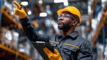 A man wearing a yellow helmet and safety glasses points to a clipboard. He is wearing a black jacket and a yellow gloveの素材