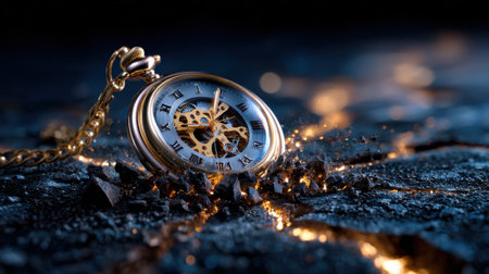 A broken gold and silver clock with roman numerals on it. The clock is laying on a rocky surface, with the numbers I, V, X, L, C, D, and M visible on its faceの素材