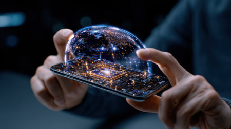 A person is holding a cell phone with a glowing screen. Concept of wonder and fascination with technology, as the person appears to be exploring the device's capabilitiesの素材