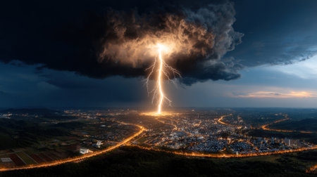 A lightning bolt strikes the sky above a city. The sky is dark and stormy, with the city below illuminated by the light of the storm. Scene is tense and dramaticの素材