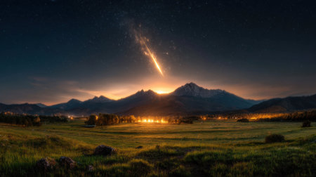 A beautiful night sky with a shooting star and mountains in the background. The sky is dark and the stars are shining brightly. The shooting star is the main focus of the imageの素材