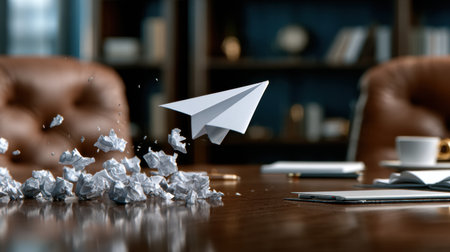 A paper airplane is flying through the air and landing on a table covered in shredded paper. The scene is chaotic and messy, with the paper scattered all over the tableの素材