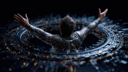 A man is standing in the center of a circle with a city in the background. He is reaching up with his arms outstretched, as if he is trying to reach something. The image has a futuristicの素材