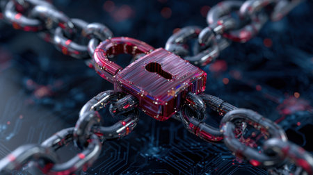 A chain with a lock on it is shown in a black background. Concept of security and protection, as the lock is meant to keep something safeの素材