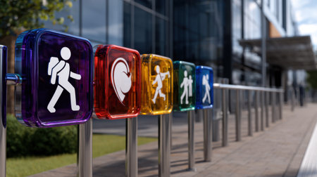 A row of colorful signs with different icons, including a backpack, a heart, and a person runningの素材