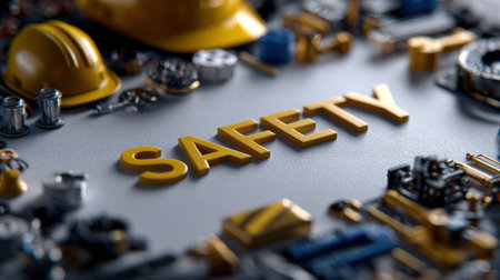 A yellow word that says safety is written on a white background. The word is surrounded by various tools and equipment, giving the impression of a workshop or construction siteの素材