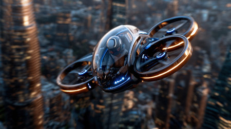 A futuristic blue and orange drone is flying over a city. The drone is surrounded by a blue bubble, which gives it a futuristic and sleek appearance. The city below is lit upの素材