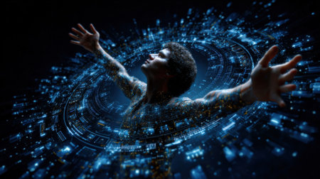 A man is reaching out in a circle of light. Concept of wonder and curiosity, as if the man is trying to grasp something beyond his reachの素材