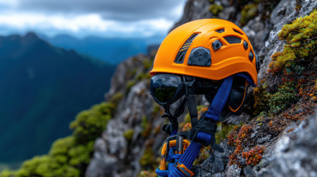 A yellow helmet is on a rock. The helmet is orange and blueの素材