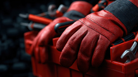 A pair of red gloves are resting on a red container. The gloves are made of leather and are in good condition. The container is made of plastic and is filled with various toolsの素材