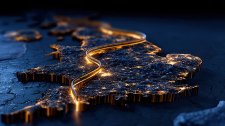 A map of the United Kingdom with a long road running through it. The road is lit up with lights, giving the image a futuristic and modern feelの素材