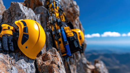 A yellow helmet is resting on a rock with a blue strap. The helmet is placed on a rocky surface, possibly indicating that someone has been climbing or hiking in the areaの素材